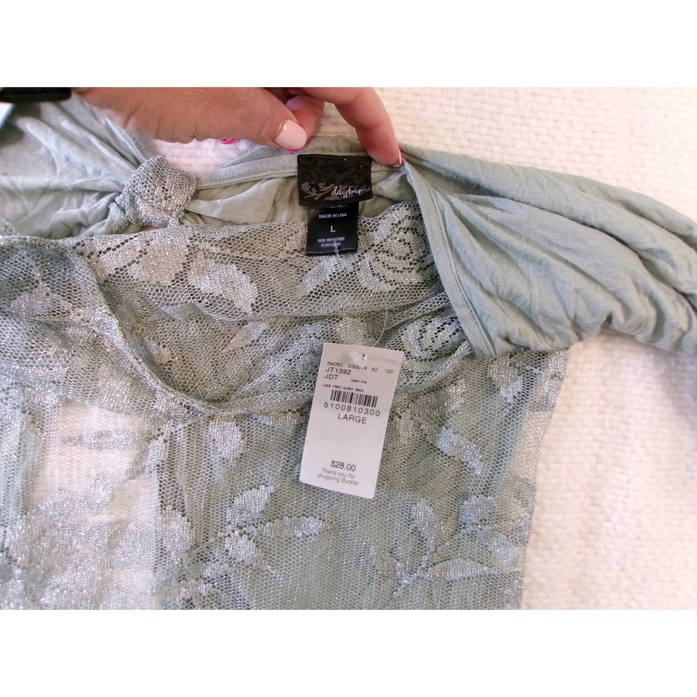 Daytrip Buckle Sage Green Floral Lace Sheer Metallic Twist Front Top Large NWT - Picture 5 of 7